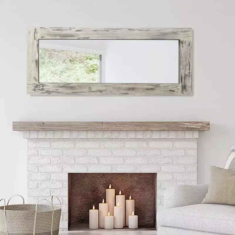 Specchio rettangolare a figura intera da appoggio in legno massiccio in stile rustico con cornice bianca effetto invecchiato, 24 pollici L x 58 pollici A