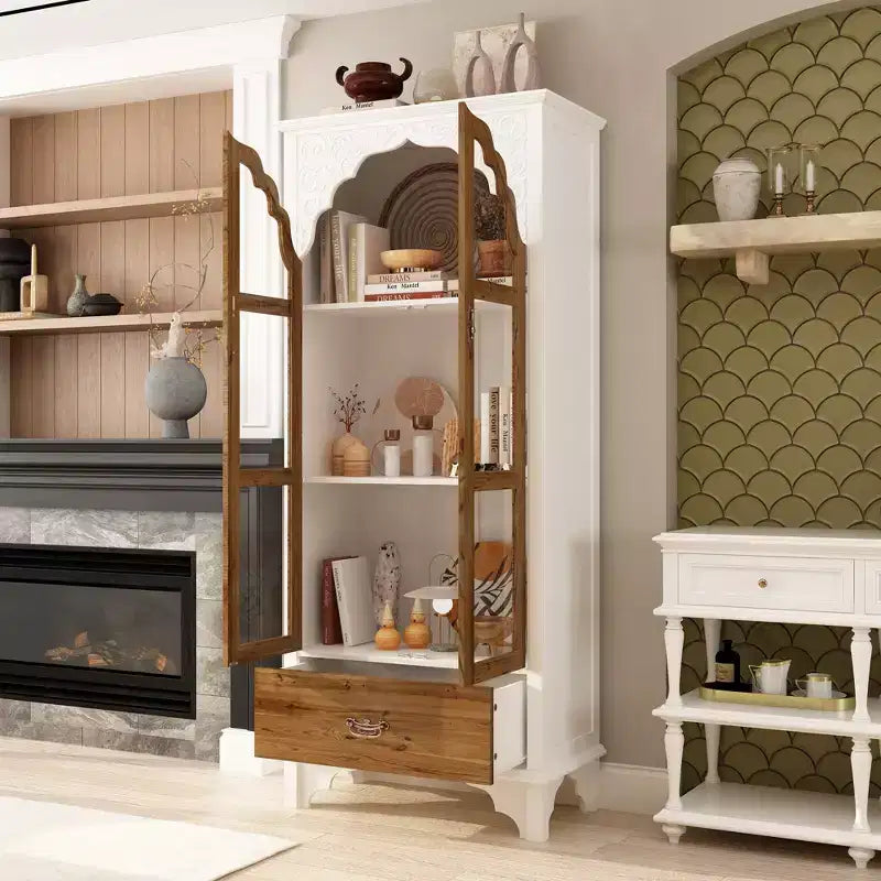Armadietto portaoggetti verticale bianco, ante in vetro ad arco goffrate, librerie, vetrina, mobile dispensa, armadio laterale