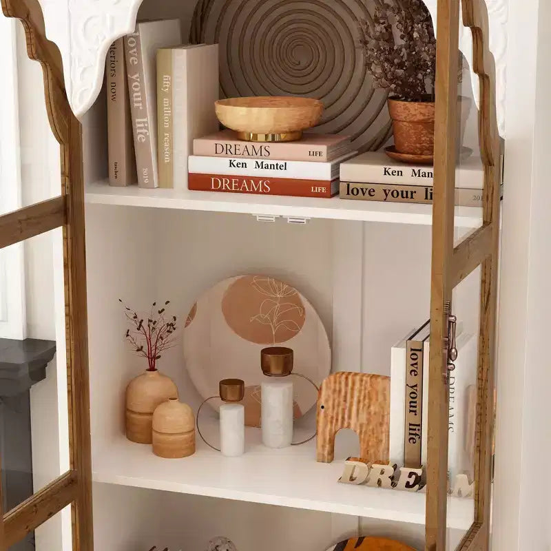 Armadietto portaoggetti verticale bianco, ante in vetro ad arco goffrate, librerie, vetrina, mobile dispensa, armadio laterale