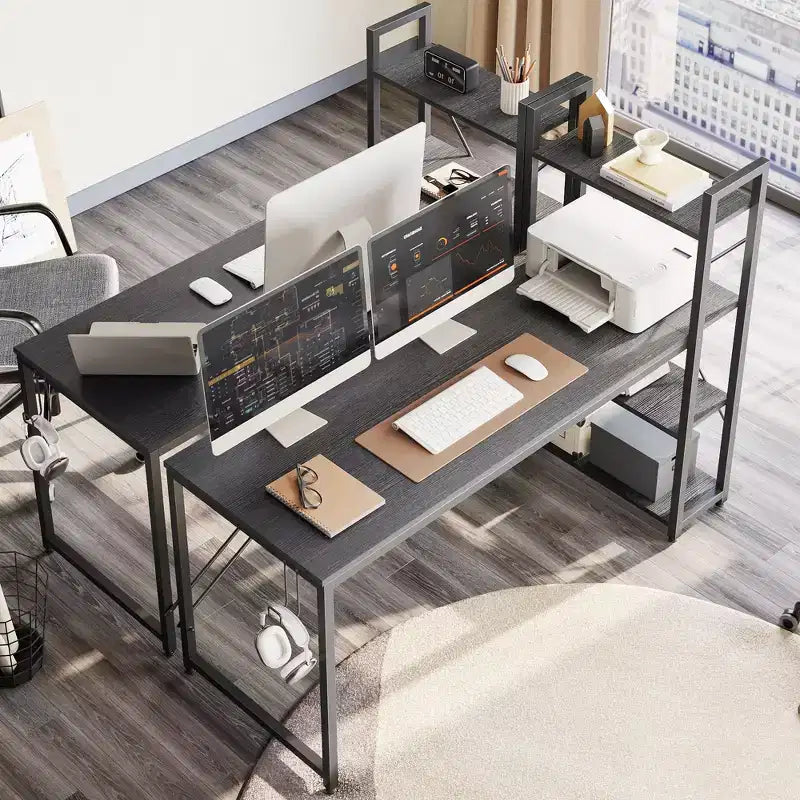 Scrivania da computer da 160 cm con ripiani e gancio per cuffie color rovere, Scrivania da ufficio domestico con 4 ripiani, piedini regolabili e libreria reversibile