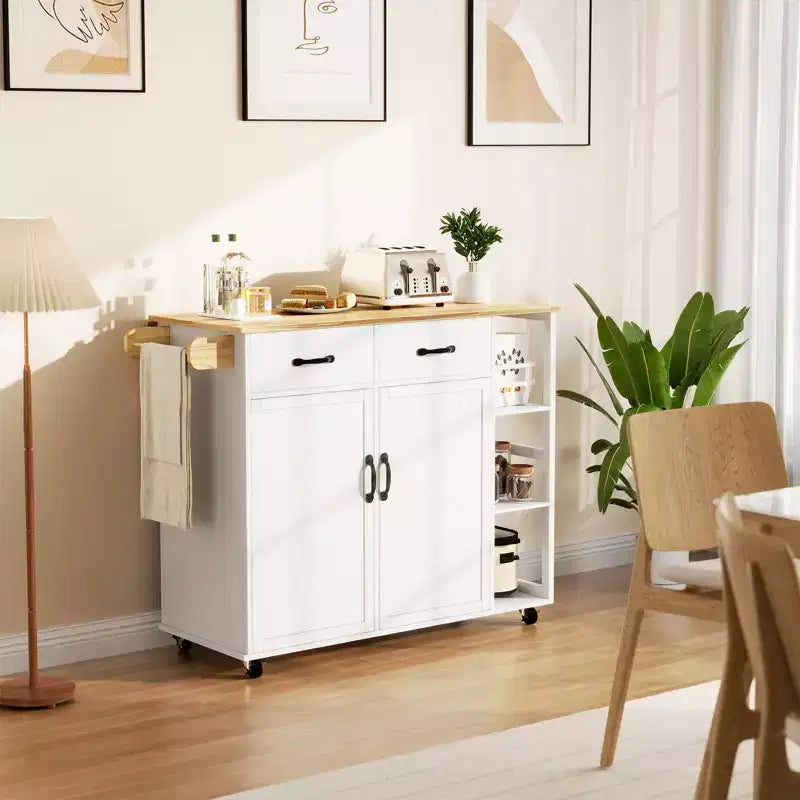 Isole Carrelli da Cucina con Ruote, Top in Legno, Carrello Rotante con Cassetto Contenitore, Armadietto a 2 Ante, Ribalta Pieghevole, Postazione di Lavoro Mobile per Cucina, Bar, Nero