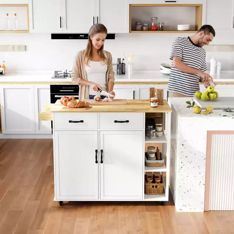Isole Carrelli da Cucina con Ruote, Top in Legno, Carrello Rotante con Cassetto Contenitore, Armadietto a 2 Ante, Ribalta Pieghevole, Postazione di Lavoro Mobile per Cucina, Bar, Nero