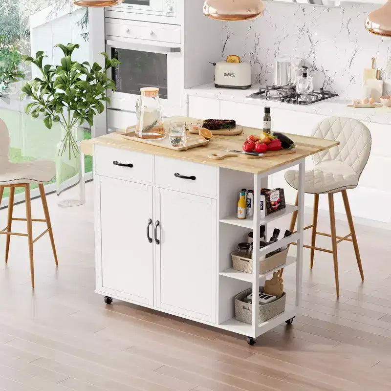 Isole Carrelli da Cucina con Ruote, Top in Legno, Carrello Rotante con Cassetto Contenitore, Armadietto a 2 Ante, Ribalta Pieghevole, Postazione di Lavoro Mobile per Cucina, Bar, Nero
