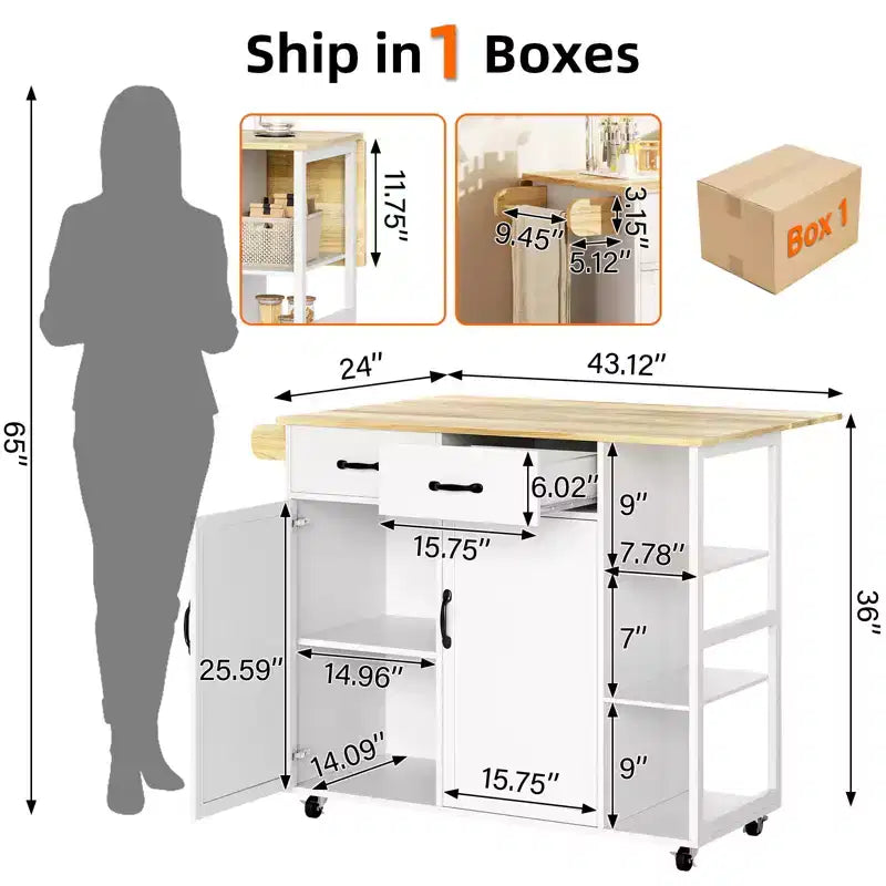Isole Carrelli da Cucina con Ruote, Top in Legno, Carrello Rotante con Cassetto Contenitore, Armadietto a 2 Ante, Ribalta Pieghevole, Postazione di Lavoro Mobile per Cucina, Bar, Nero