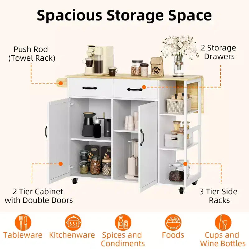 Isole Carrelli da Cucina con Ruote, Top in Legno, Carrello Rotante con Cassetto Contenitore, Armadietto a 2 Ante, Ribalta Pieghevole, Postazione di Lavoro Mobile per Cucina, Bar, Nero