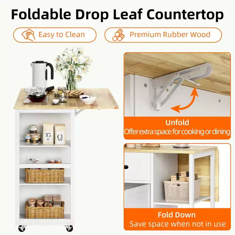 Isole Carrelli da Cucina con Ruote, Top in Legno, Carrello Rotante con Cassetto Contenitore, Armadietto a 2 Ante, Ribalta Pieghevole, Postazione di Lavoro Mobile per Cucina, Bar, Nero