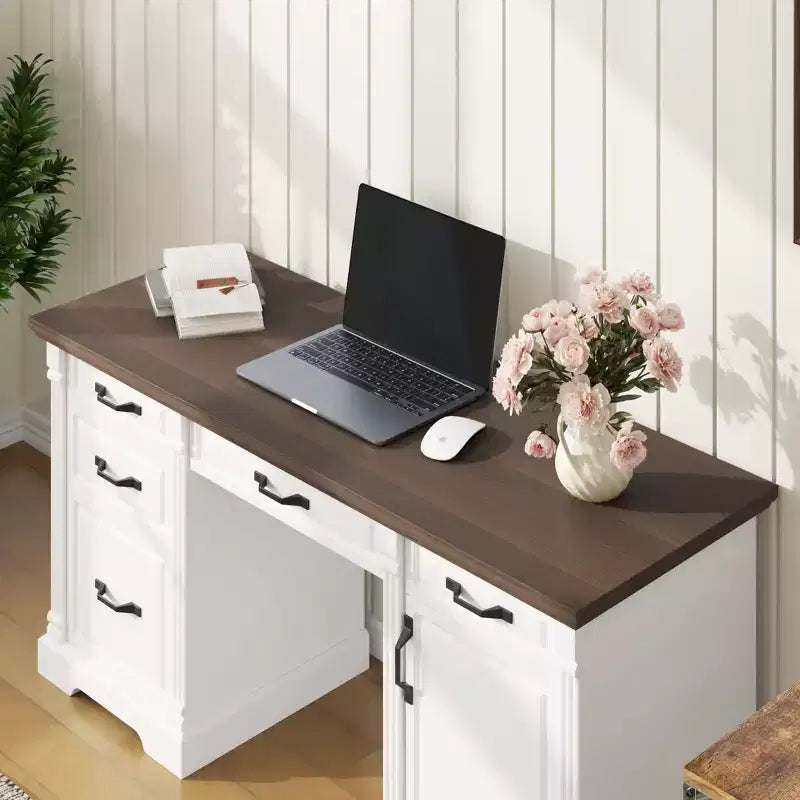 Scrivania da ufficio in legno bianco e marrone con cassetti - Postazione di lavoro per ufficio domestico