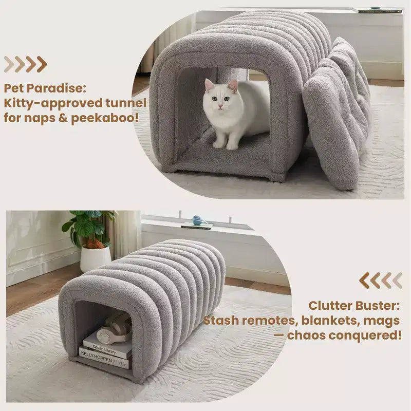 Poggiapiedi facili da collegare adatti agli animali domestici - Panca da letto 2 in 1 e tunnel gioco con 2 cuscini rimovibili