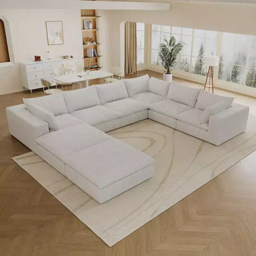 157.6 Tessuto a Coste Bianco Divano a Nuvola a U Combinazione Fai-da-te Divani a Seduta Profonda con 2 Pouf Design a Doppio Strato Cuscino Rimovibile Nessun Assemblaggio
