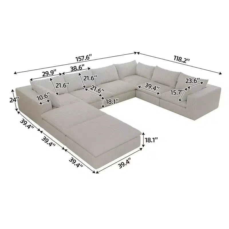 157.6 Tessuto a Coste Bianco Divano a Nuvola a U Combinazione Fai-da-te Divani a Seduta Profonda con 2 Pouf Design a Doppio Strato Cuscino Rimovibile Nessun Assemblaggio