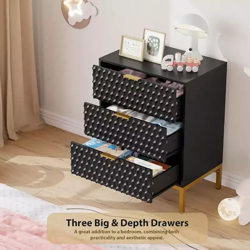 Comò nero per camera da letto, comodino moderno a 3 cassetti, tavolino da divano per camera da letto, dormitorio, piccoli spazi