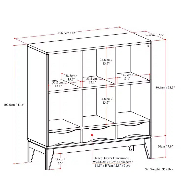 LEGNO MASSELLO 43 pollici x 42 pollici Mobile Contenitore Basso Mid-Century Moderno a 6 Cubi con Cassetti in Marrone Noce