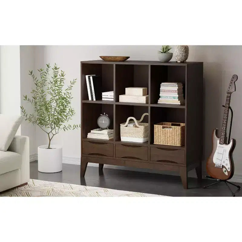 LEGNO MASSELLO 43 pollici x 42 pollici Mobile Contenitore Basso Mid-Century Moderno a 6 Cubi con Cassetti in Marrone Noce