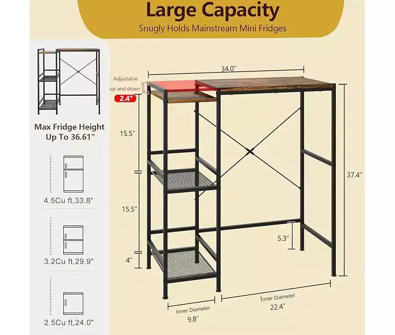 Supporto per frigorifero con ripiano contenitore, ripiano superiore regolabile per microonde e macchina da caffè, supporto TV per dormitorio, appartamento, cucina, ufficio in marrone rustico