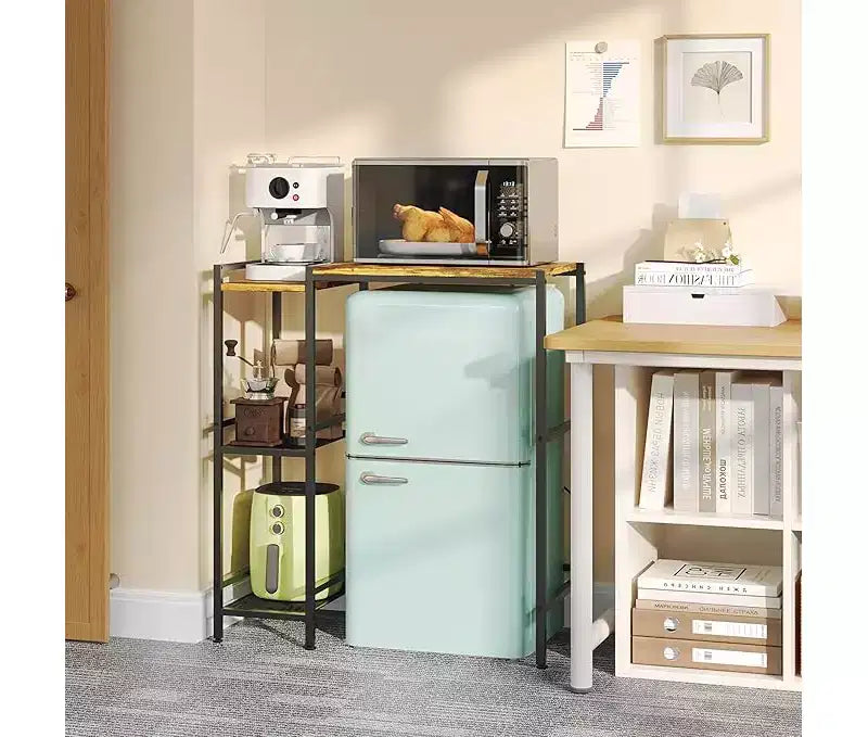 Supporto per frigorifero con ripiano contenitore, ripiano superiore regolabile per microonde e macchina da caffè, supporto TV per dormitorio, appartamento, cucina, ufficio in marrone rustico