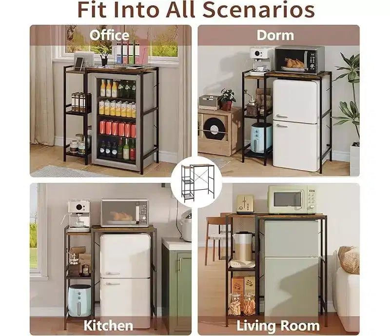Supporto per frigorifero con ripiano contenitore, ripiano superiore regolabile per microonde e macchina da caffè, supporto TV per dormitorio, appartamento, cucina, ufficio in marrone rustico