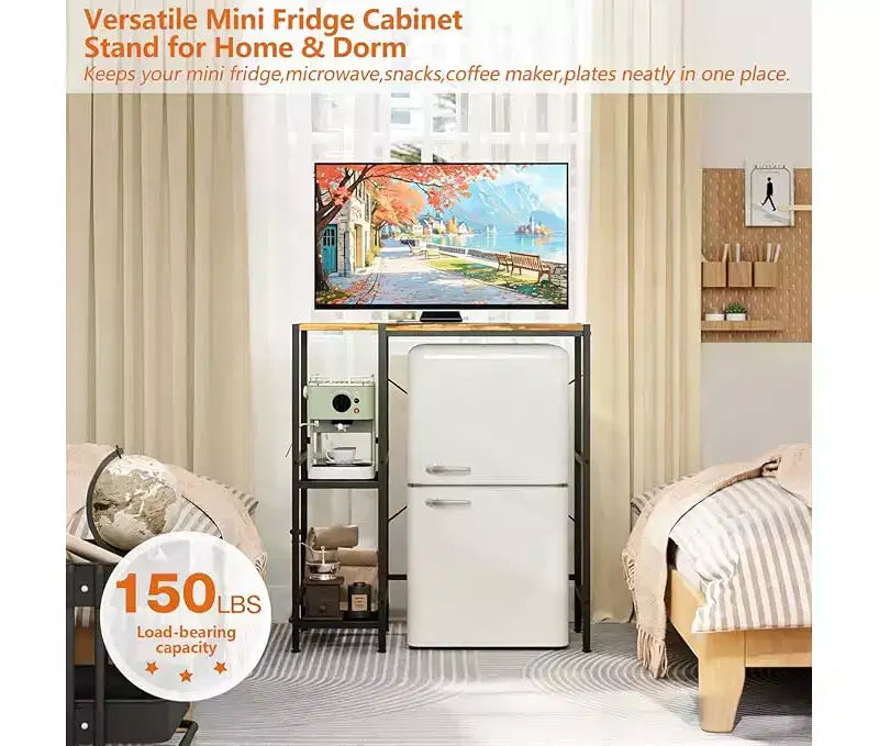 Supporto per frigorifero con ripiano contenitore, ripiano superiore regolabile per microonde e macchina da caffè, supporto TV per dormitorio, appartamento, cucina, ufficio in marrone rustico