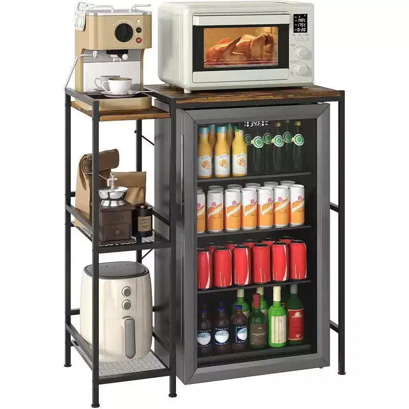 Supporto per frigorifero con ripiano contenitore, ripiano superiore regolabile per microonde e macchina da caffè, supporto TV per dormitorio, appartamento, cucina, ufficio in marrone rustico