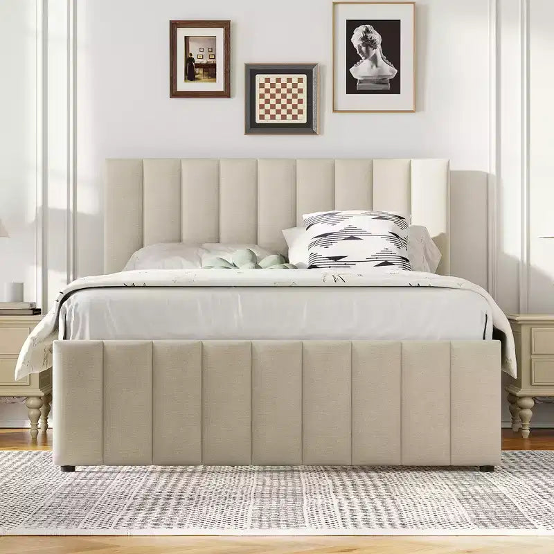Letto a piattaforma imbottito Full Size con letto estraibile Twin Size e 3 cassetti, tessuto di lino, Beige
