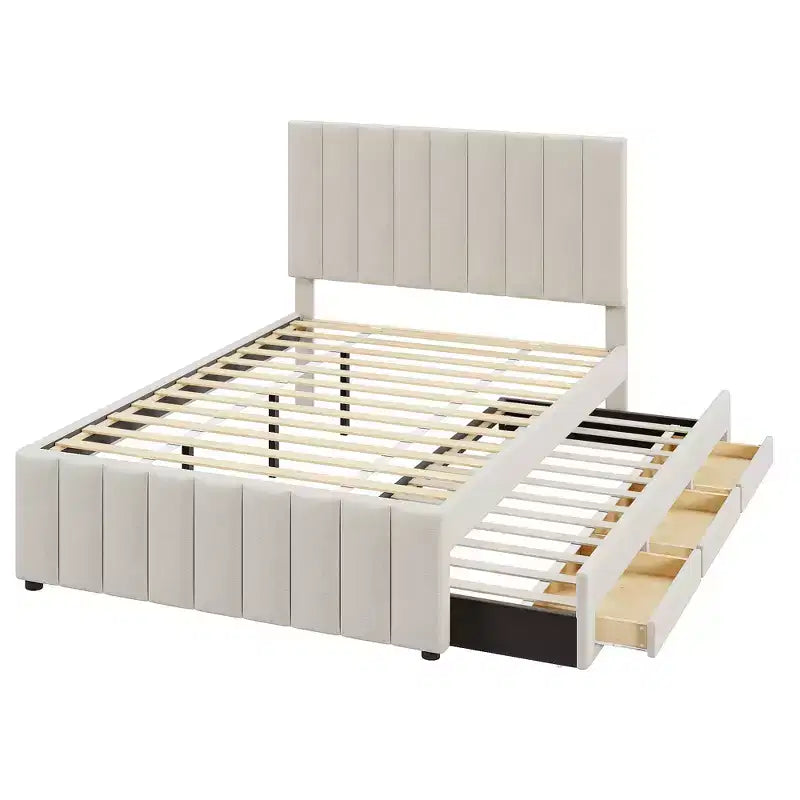 Letto a piattaforma imbottito Full Size con letto estraibile Twin Size e 3 cassetti, tessuto di lino, Beige