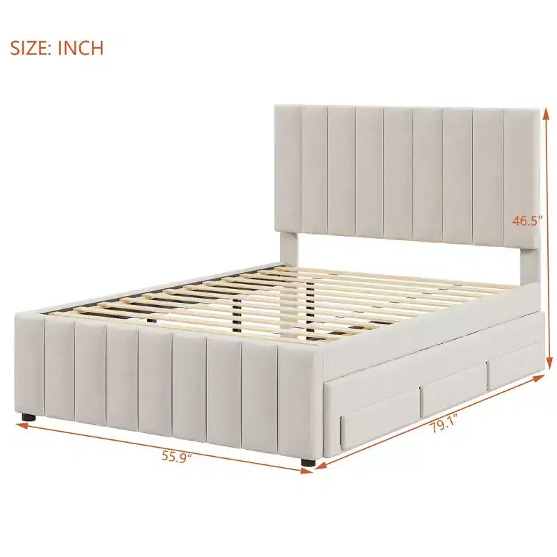 Letto a piattaforma imbottito Full Size con letto estraibile Twin Size e 3 cassetti, tessuto di lino, Beige
