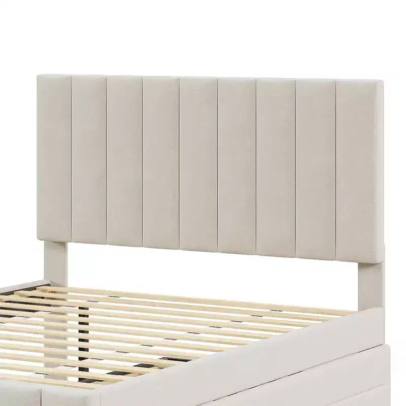 Letto a piattaforma imbottito Full Size con letto estraibile Twin Size e 3 cassetti, tessuto di lino, Beige