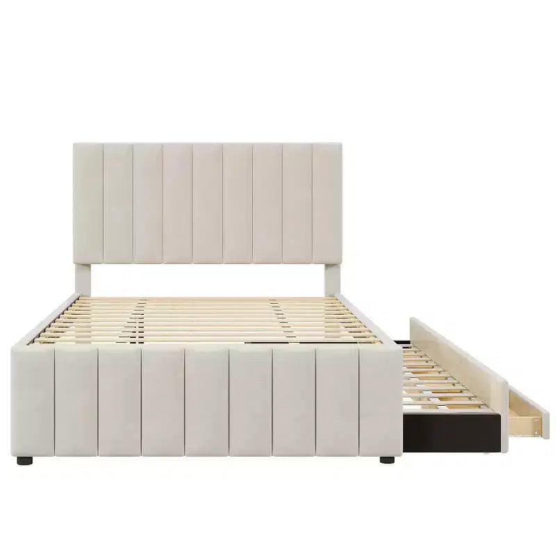 Letto a piattaforma imbottito Full Size con letto estraibile Twin Size e 3 cassetti, tessuto di lino, Beige