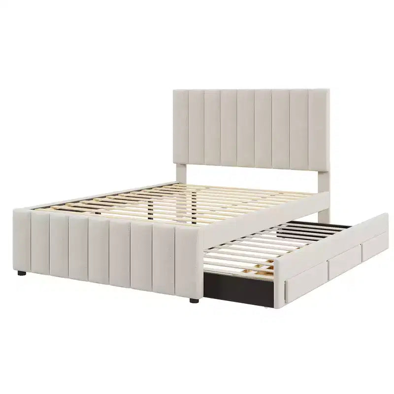 Letto a piattaforma imbottito Full Size con letto estraibile Twin Size e 3 cassetti, tessuto di lino, Beige
