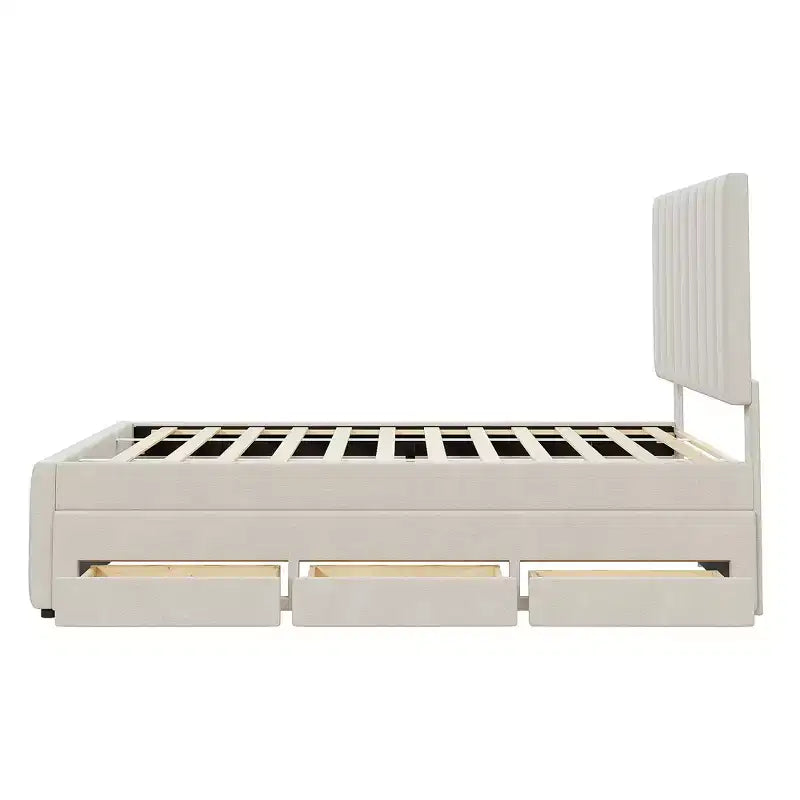 Letto a piattaforma imbottito Full Size con letto estraibile Twin Size e 3 cassetti, tessuto di lino, Beige