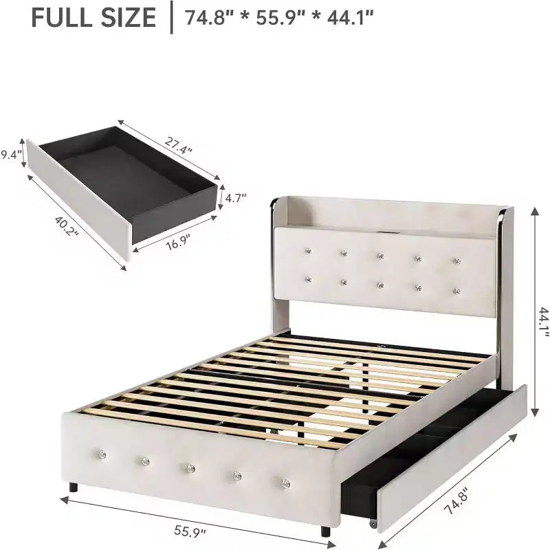 Struttura Letto Matrimoniale con Testiera Contenitore, Imbottita in Velluto, con 4 Cassetti e Doghe in Legno, Design Silenzioso