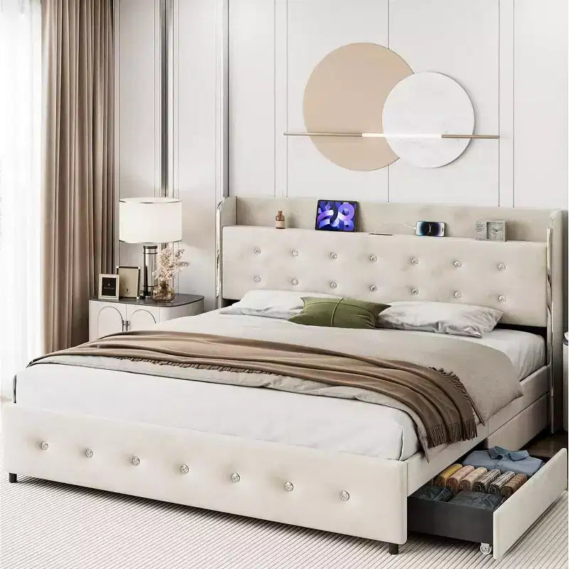 Struttura Letto Matrimoniale con Testiera Contenitore, Imbottita in Velluto, con 4 Cassetti e Doghe in Legno, Design Silenzioso