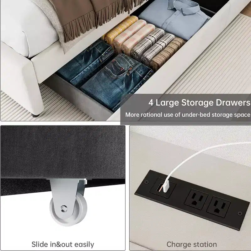 Struttura Letto Matrimoniale con Testiera Contenitore, Imbottita in Velluto, con 4 Cassetti e Doghe in Legno, Design Silenzioso