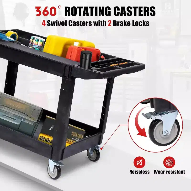 Carrello portautensili resistente a 2 ripiani, capacità 250 kg, ruote girevoli a 360° con freno per magazzino, garage, cucina, 116 x 65 cm