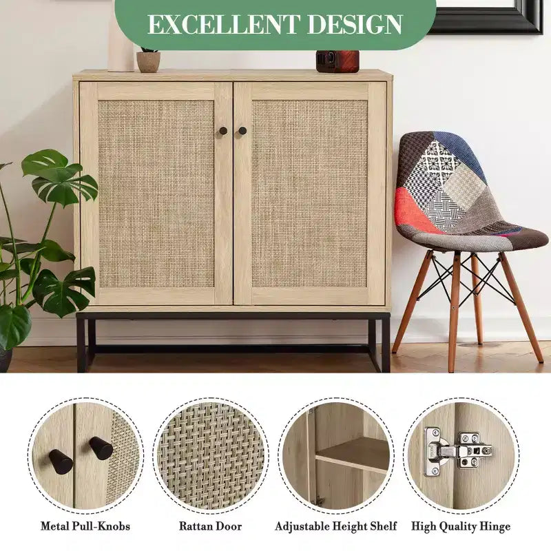 Armadietto contenitore in rattan a 2 ante in stile rustico, credenza/madia, mobile d'accento, tavolo consolle in stile rustico con contenitore, armadio da cucina multifunzionale