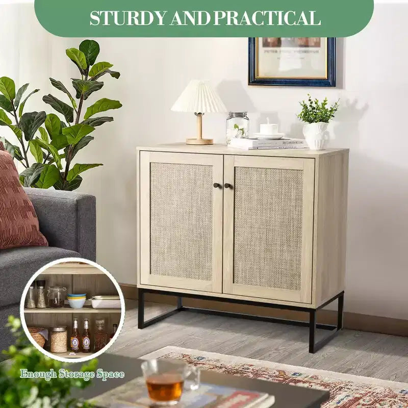 Armadietto contenitore in rattan a 2 ante in stile rustico, credenza/madia, mobile d'accento, tavolo consolle in stile rustico con contenitore, armadio da cucina multifunzionale