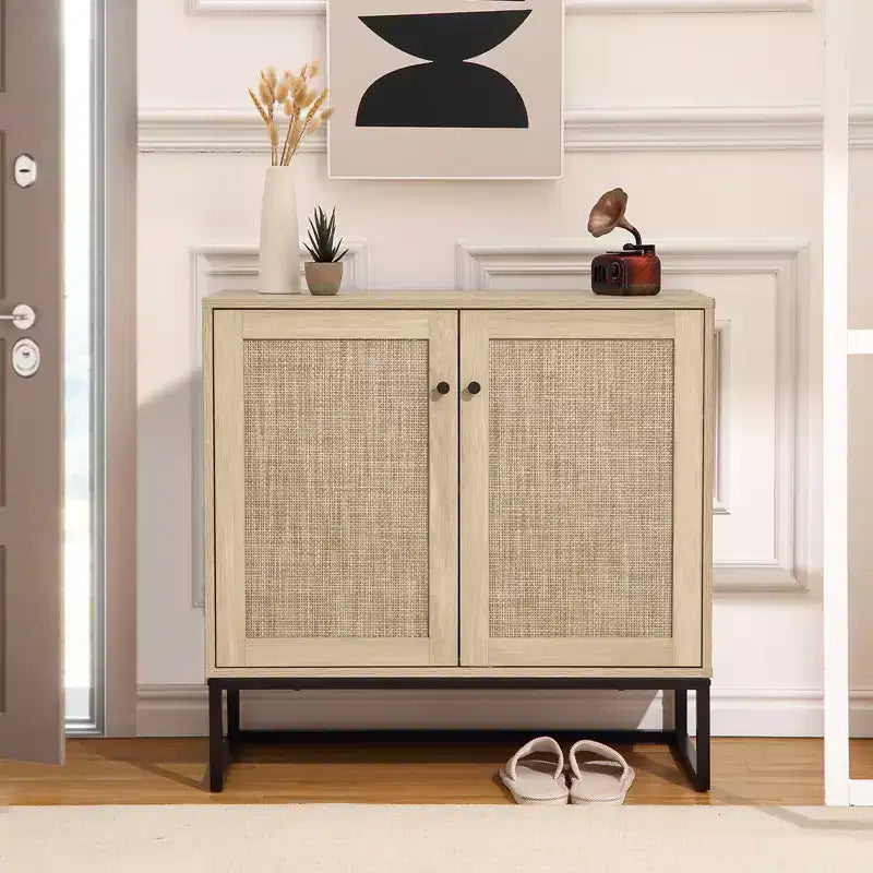 Armadietto contenitore in rattan a 2 ante in stile rustico, credenza/madia, mobile d'accento, tavolo consolle in stile rustico con contenitore, armadio da cucina multifunzionale
