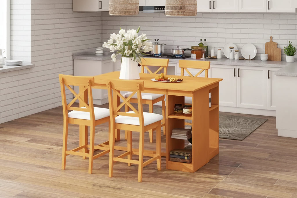 Farmhouse 5 Pieces Counter Height Dining Set for 4, Wooden Bar Table Set with Storage Shelves and 4 Upholstered Chairs