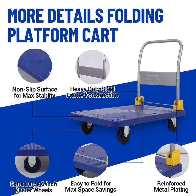 Carrello Piattaforma Pieghevole per Carichi Pesanti, Carrello in Acciaio 122 x 61 cm con Ruote in Gomma, Capacità 900 kg per Magazzino, Ufficio e Officina