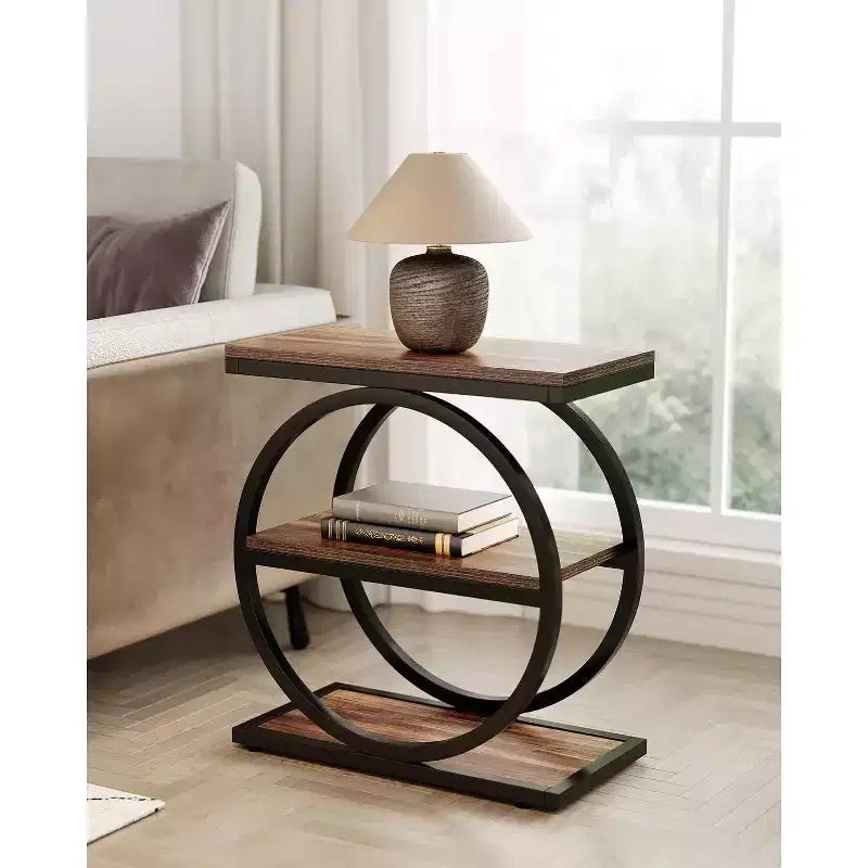 Tavolino, Tavolino a 3 Ripiani, Tavolino Laterale Sottile per Divano da Soggiorno, Comodino Alto per Camera da Letto, Marrone Rustico e Nero