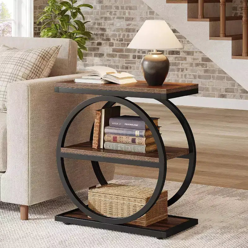 Tavolino stretto con 3 ripiani, piccolo tavolino da divano industriale con struttura in metallo nero per soggiorno, comodino sottile per camera da letto