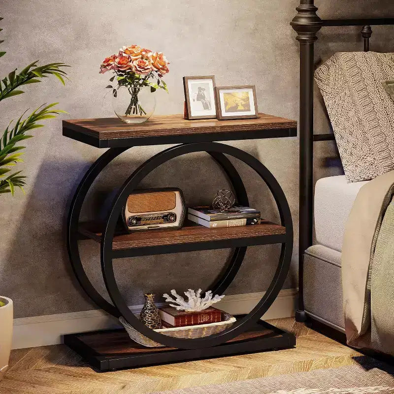 Tavolino stretto con 3 ripiani, piccolo tavolino da divano industriale con struttura in metallo nero per soggiorno, comodino sottile per camera da letto