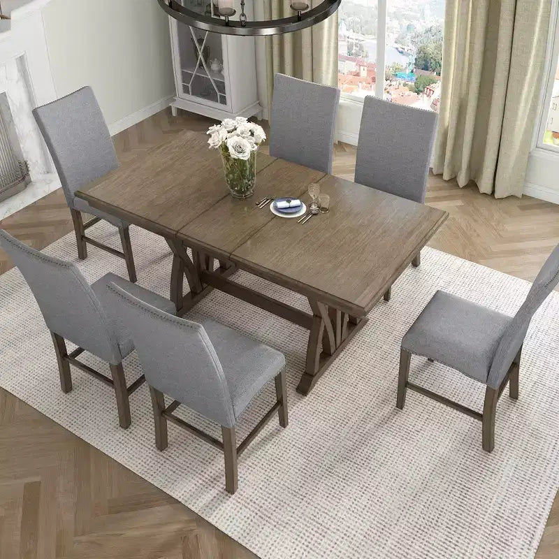 Set da Pranzo Allungabile da 7 Pezzi per 6 Persone, Tavolo da Cucina Stile Fattoria con 6 Sedie Imbottite per Sala da Pranzo, Grigio