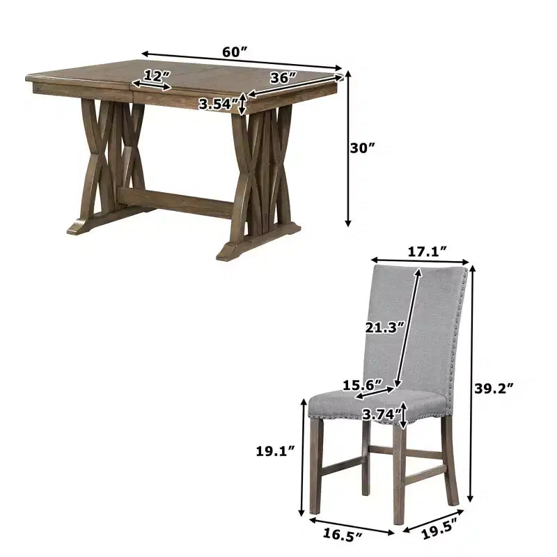 Set da Pranzo Allungabile da 7 Pezzi per 6 Persone, Tavolo da Cucina Stile Fattoria con 6 Sedie Imbottite per Sala da Pranzo, Grigio