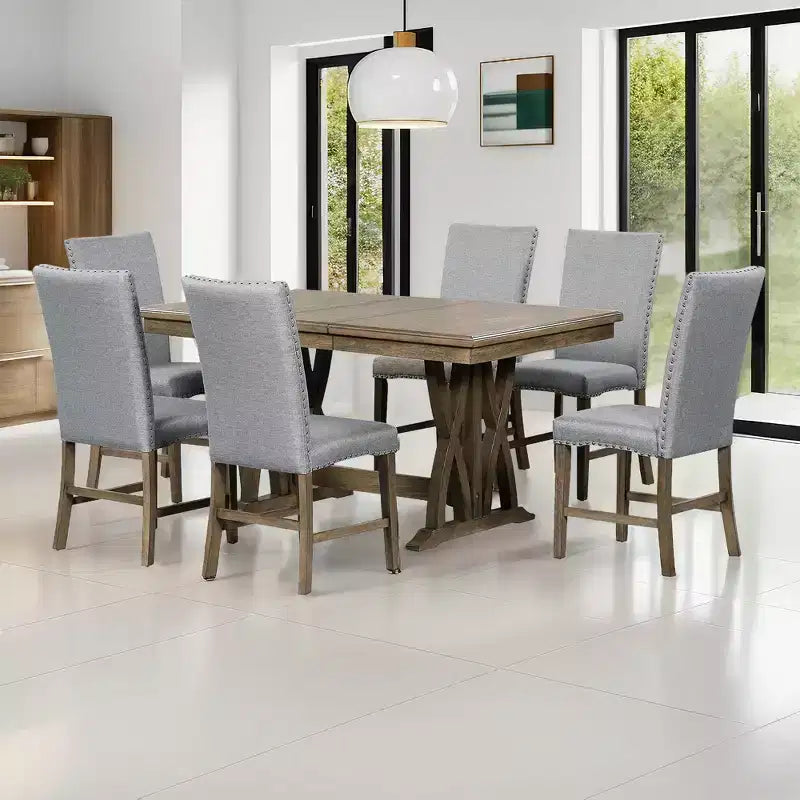 Set da Pranzo Allungabile da 7 Pezzi per 6 Persone, Tavolo da Cucina Stile Fattoria con 6 Sedie Imbottite per Sala da Pranzo, Grigio