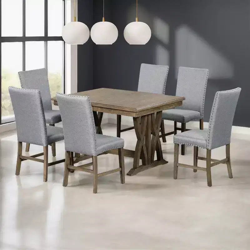 Set da Pranzo Allungabile da 7 Pezzi per 6 Persone, Tavolo da Cucina Stile Fattoria con 6 Sedie Imbottite per Sala da Pranzo, Grigio