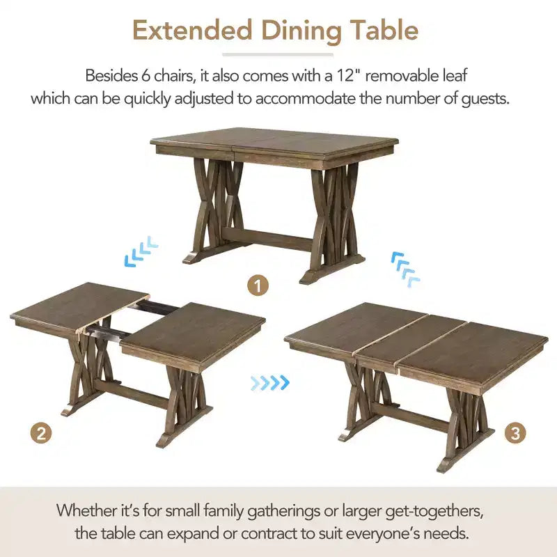 Set da Pranzo Allungabile da 7 Pezzi per 6 Persone, Tavolo da Cucina Stile Fattoria con 6 Sedie Imbottite per Sala da Pranzo, Grigio