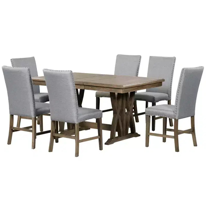 Set da Pranzo Allungabile da 7 Pezzi per 6 Persone, Tavolo da Cucina Stile Fattoria con 6 Sedie Imbottite per Sala da Pranzo, Grigio