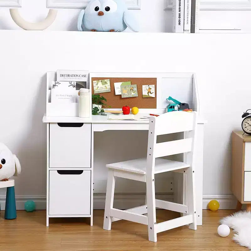 Set scrivania e sedia per bambini, tavolo da studio in legno con cassettiera e bacheca per casa/scuola