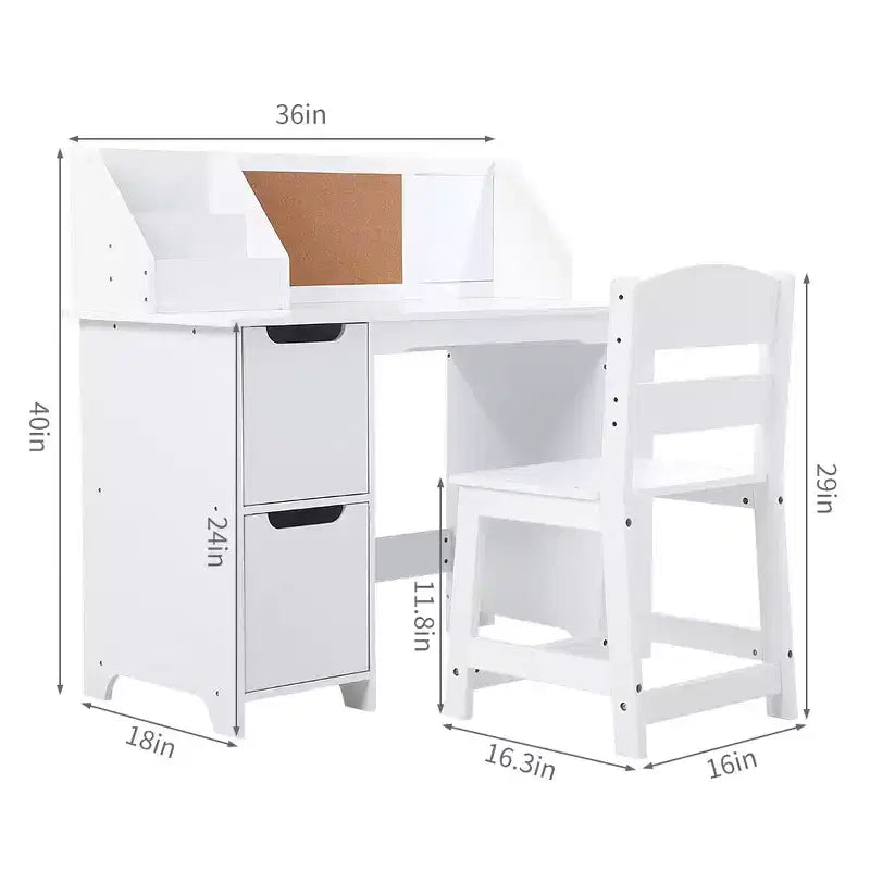 Set scrivania e sedia per bambini, tavolo da studio in legno con cassettiera e bacheca per casa/scuola