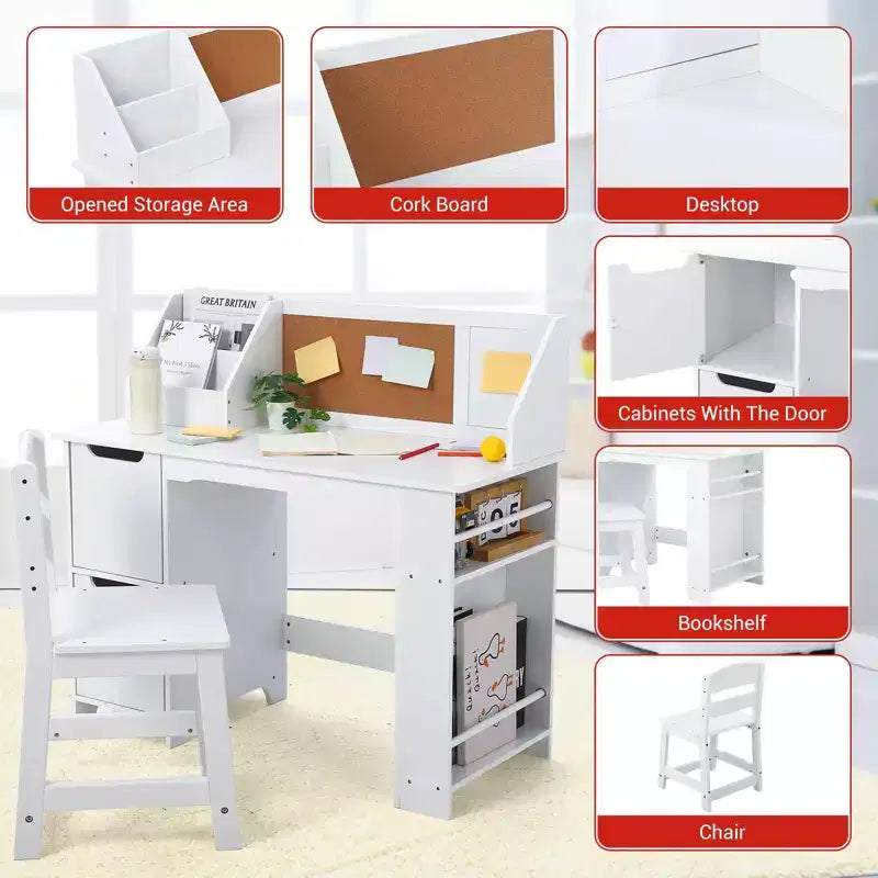 Set scrivania e sedia per bambini, tavolo da studio in legno con cassettiera e bacheca per casa/scuola